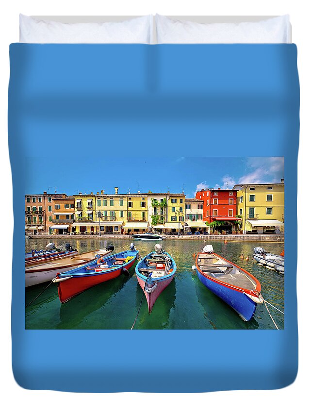Lazise Duvet Cover featuring the photograph Lazise colorful harbor and boats view by Brch Photography