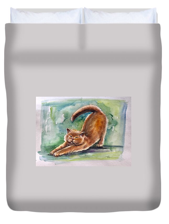 A Cat Duvet Cover featuring the painting Lazy day by Katerina Kovatcheva