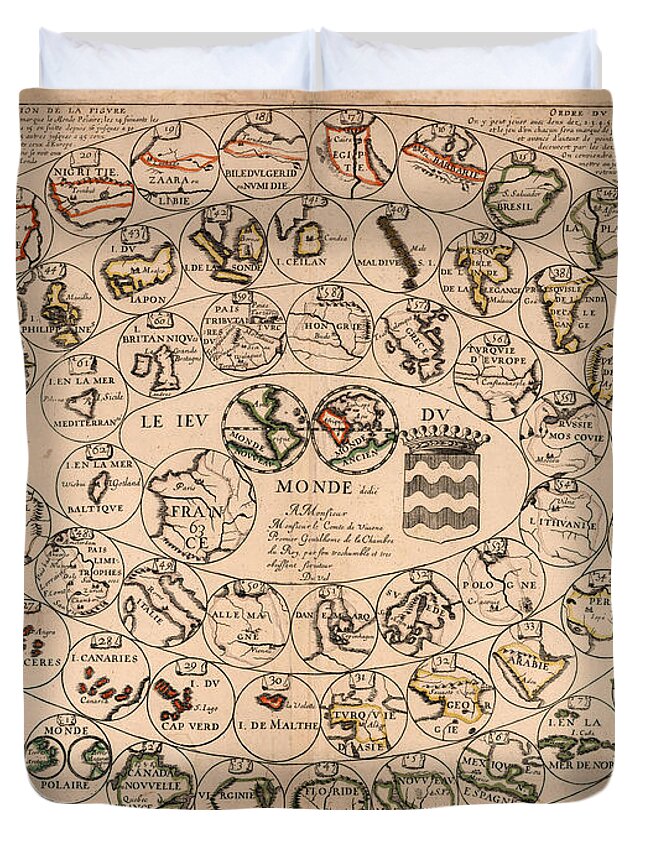 Le Jeu Du Monde Duvet Cover featuring the drawing le jeu du monde - Board Game - Historical Map - Paris 1645 by Studio Grafiikka