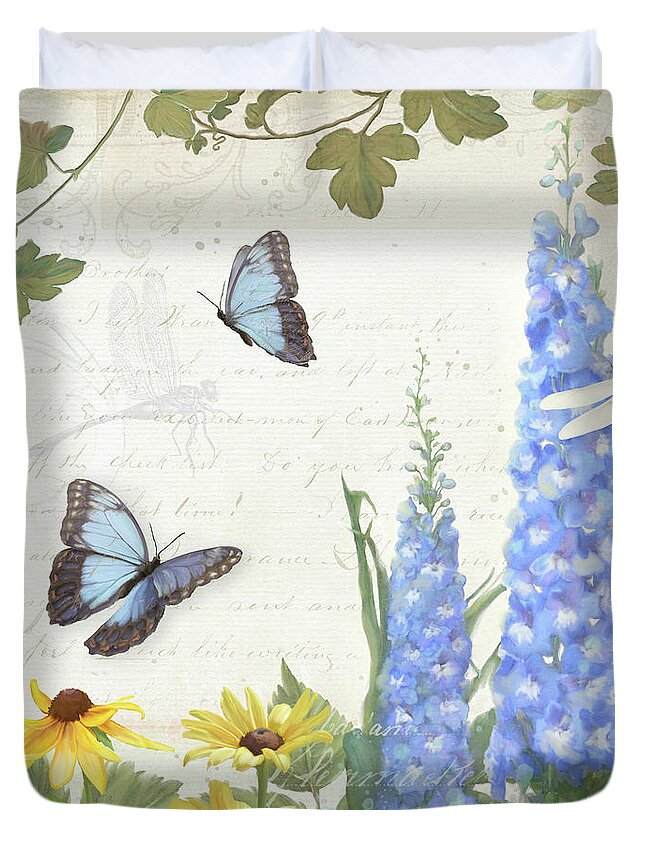 Le Petit Jardin Duvet Cover featuring the painting Le Petit Jardin 1 - Garden Floral w Butterflies, Dragonflies, Daisies and Delphinium by Audrey Jeanne Roberts