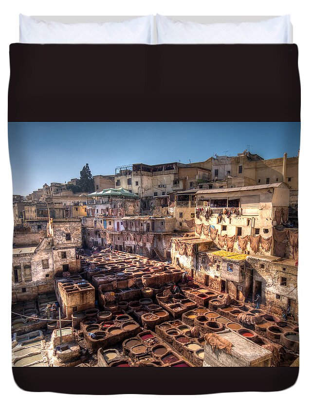 Fes Duvet Cover featuring the photograph Leather tanneries of Fes - 5 by Claudio Maioli