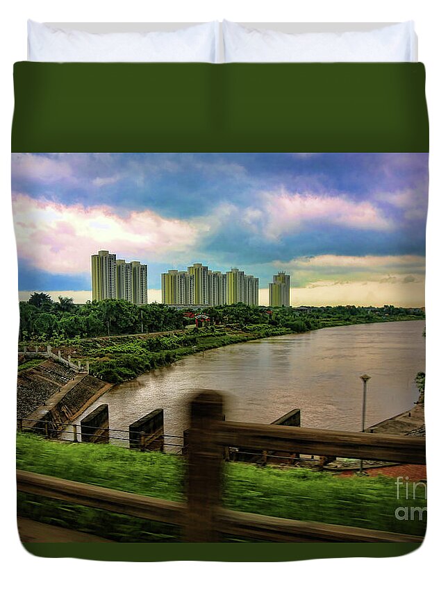 Hanoi Duvet Cover featuring the photograph Leaving Hanoi on Scooter by Chuck Kuhn