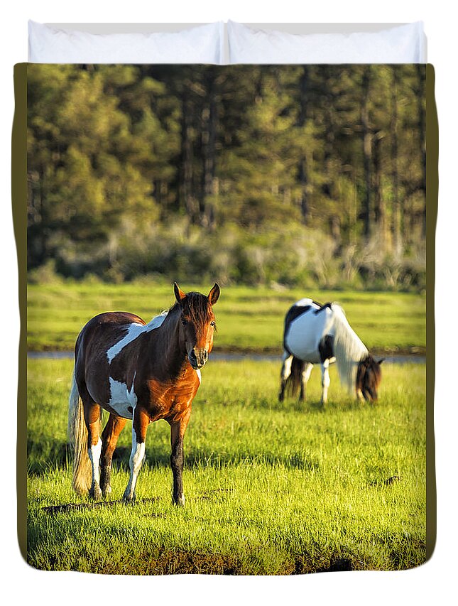 Horse Duvet Cover featuring the photograph Leaving the Chincoteague Ponies by Belinda Greb