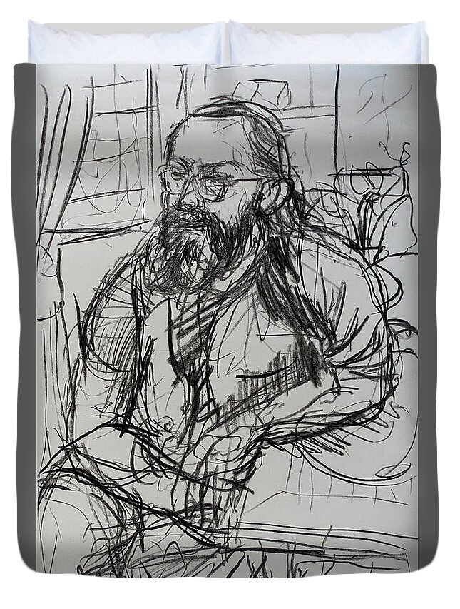 Seated Duvet Cover featuring the drawing Lee seated at table by Peregrine Roskilly