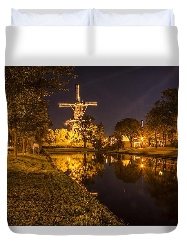 Windmill Duvet Cover featuring the photograph Leiden Windmill By Night by Frans Blok
