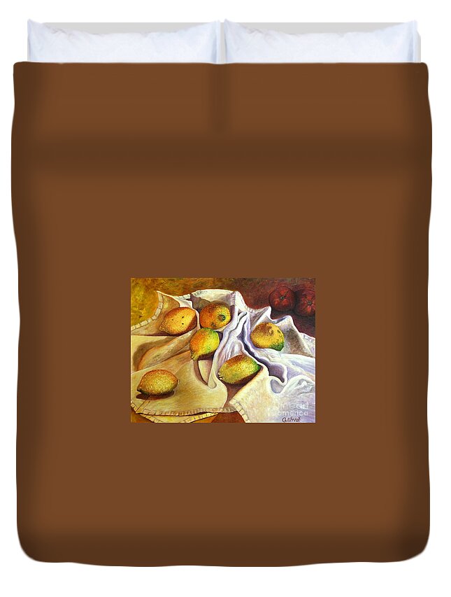 Still Life Duvet Cover featuring the painting Lemons and Linen by Caroline Street