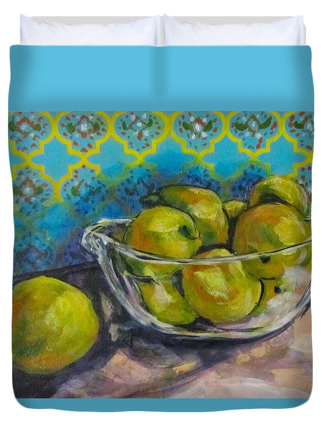 Yellow Duvet Cover featuring the painting Lemons by Barbara O'Toole