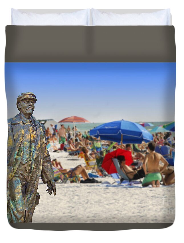 Umbrellas Duvet Cover featuring the photograph Lenin goes to the Beach by Larry Mulvehill