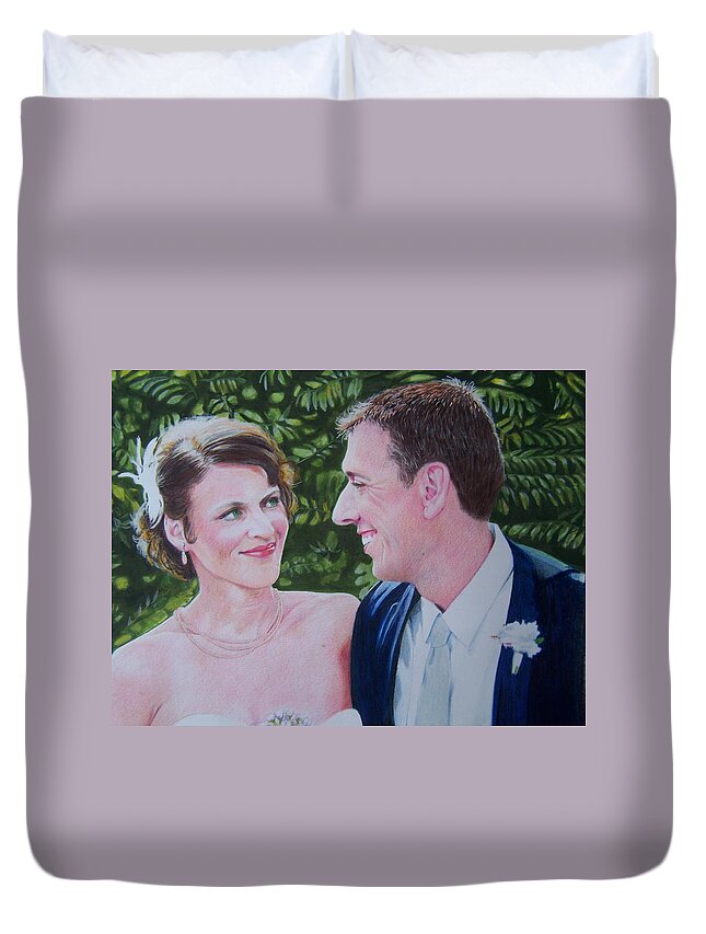 Woman Duvet Cover featuring the mixed media Leslie and Miles by Constance DRESCHER