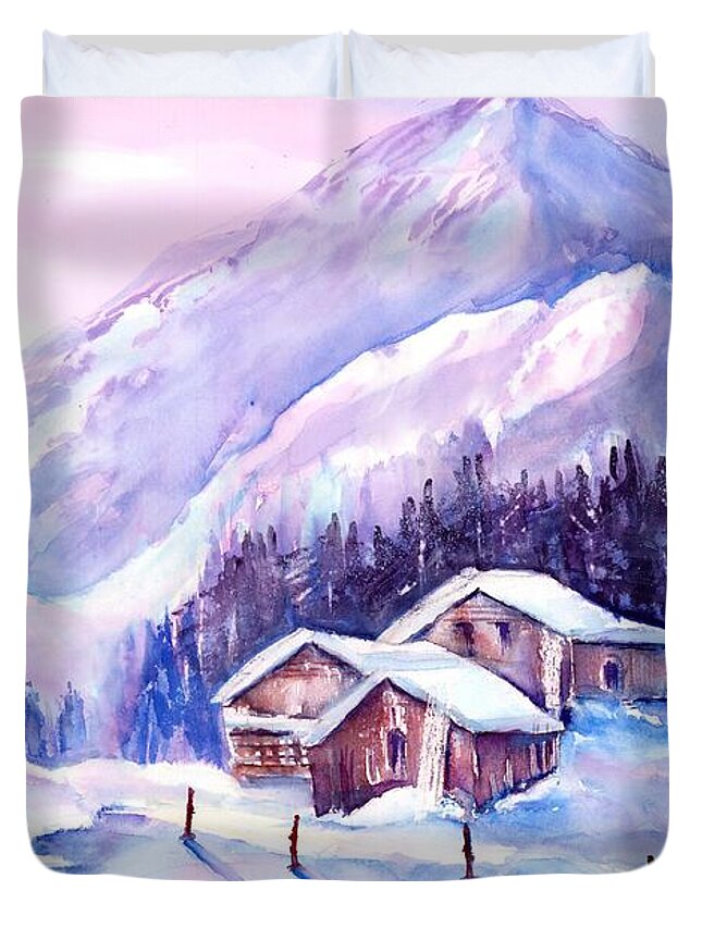 Swiss Mountains Watercolor Duvet Cover featuring the painting Swiss Mountain cabins in snow by Sabina Von Arx
