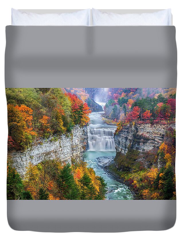 Waterfalls Duvet Cover featuring the photograph Letchworth Middle falls in Fall by Mark Papke
