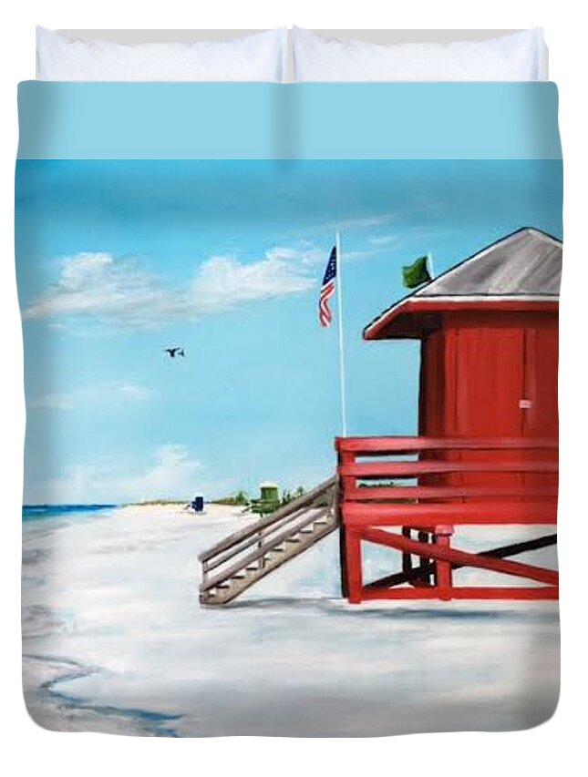 Lifeguard Shack Duvet Cover featuring the painting Let's Meet At The Red Lifeguard Shack by Lloyd Dobson