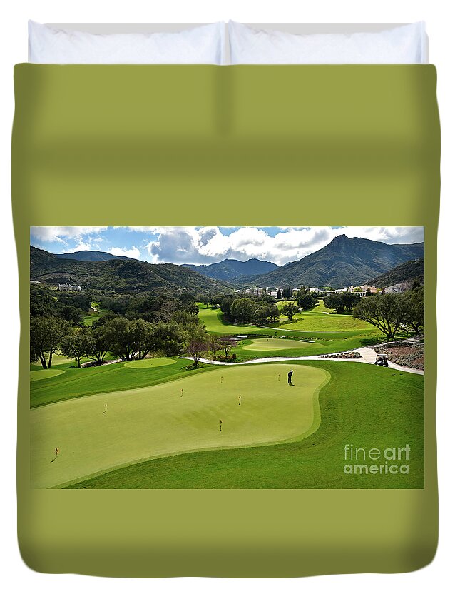 Golf Green Links Sport Hole Travel Relax Game Clouds Mountains Competition Vacation California United States Put Putting Gold Cart Duvet Cover featuring the photograph Lets Play Golf by Howard Koby