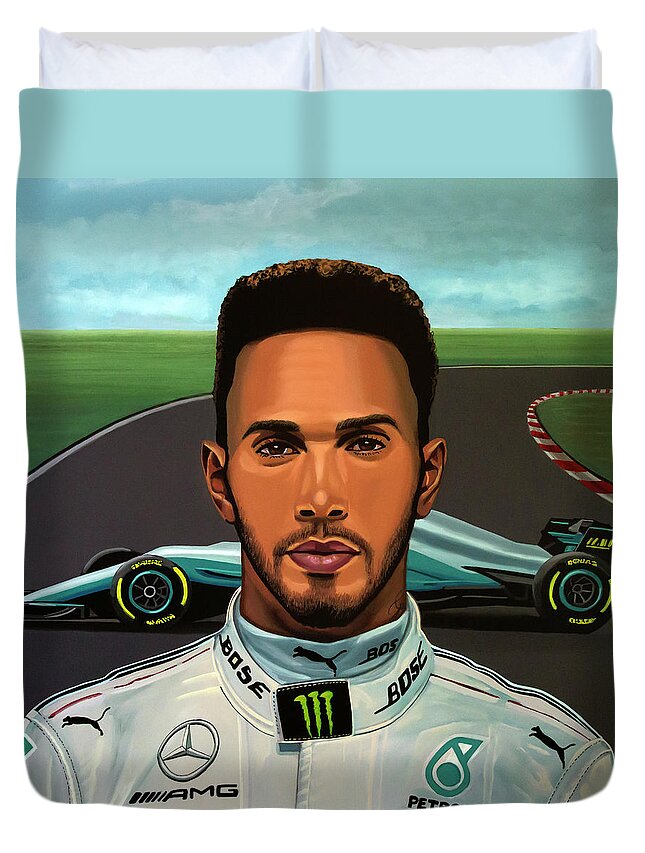 Sport Duvet Cover featuring the painting Lewis Hamilton Painting by Paul Meijering