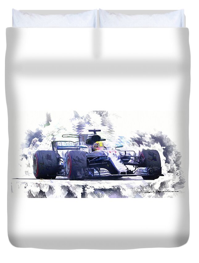 Lewis Hamilton Duvet Cover featuring the digital art Lewis Hamilton by Roger Lighterness