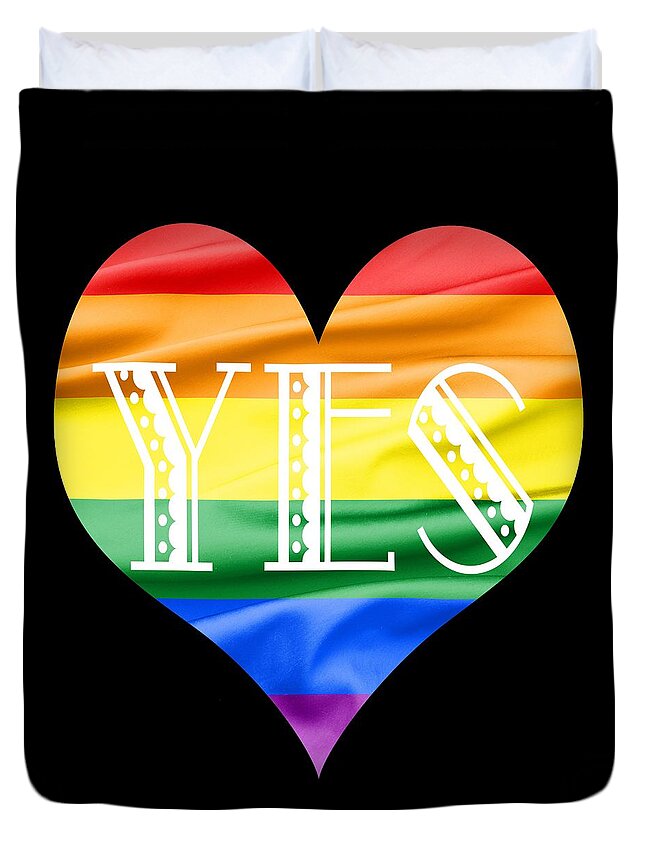 Silk; Background; Cloth; Creases; Design; Drape; Fabric; Fibre; Flowing; Glossy; Material; Overlay; Ripple; Satin; Sheet; Silky; Smooth; Soft; Style; Textile; Texture; Velvet; Waves; Love; Fancy; Blue; Flag; Green; Lgbt; Orange; Red; Bisexual; Colors; Colours; Freedom; Gay; Gay Pride; Lesbian; Movement; Passion; Pride; Rainbow; Rainbow Flag; Sexuality; Stripes; Transgender; Violet; Yellow; Heart; Yes; Duvet Cover featuring the photograph LGBT Heart with a Big Fat Yes by Semmick Photo