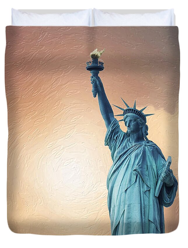 'cityscapes And Skylines' Collection By Serge Averbukh Duvet Cover featuring the digital art Liberty Enlightening the World by Serge Averbukh