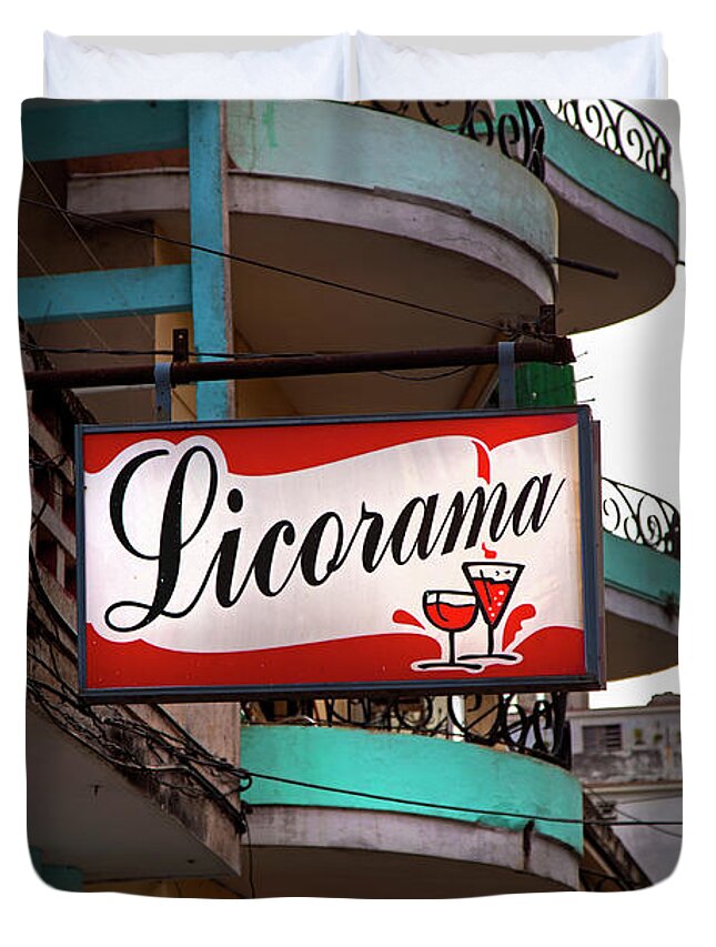 Licorama Bar Liquor Store In Havana Cuba Calle 6 Necropolis Cristobal Colon Lighted Sign Cocktails Drinks Martini Daiquiri Photography Charles Harden Duvet Cover featuring the photograph Licorama Bar Liquor Store in Havana Cuba at Calle 6 by Charles Harden