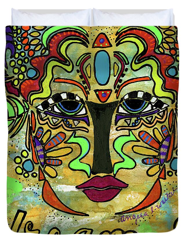 Mixed Media Duvet Cover featuring the mixed media Life Dreams-Ceremonial Mask by Angela L Walker