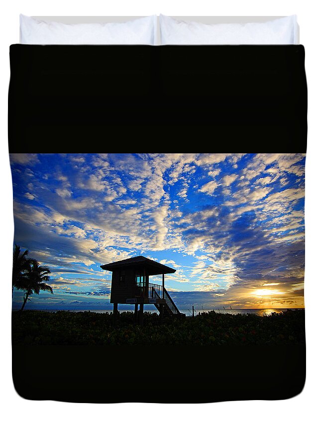 Sunrise Duvet Cover featuring the photograph Lifeguard Station Sunrise by Lawrence S Richardson Jr