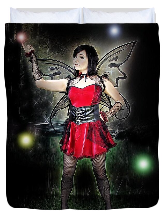 Fantasy Duvet Cover featuring the painting Light And The Red Fairy by Jon Volden