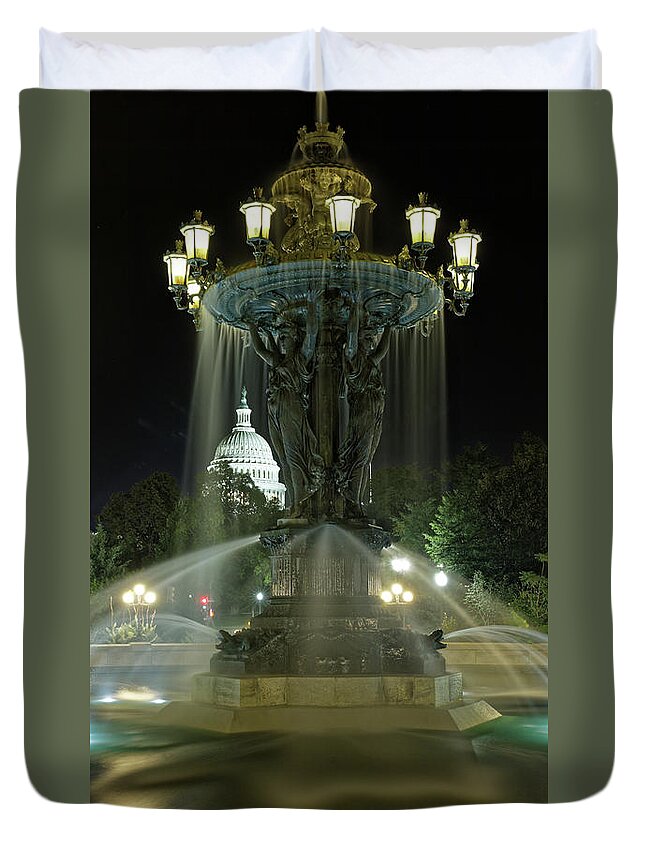 Light And Water Duvet Cover featuring the photograph Light and Water Fountain - Bartholdi Park Washington DC by Doolittle Photography and Art