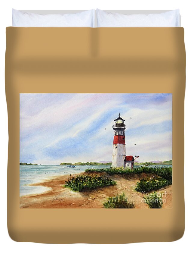 Lighthouse Duvet Cover featuring the painting Light at the Inlet by Joseph Burger