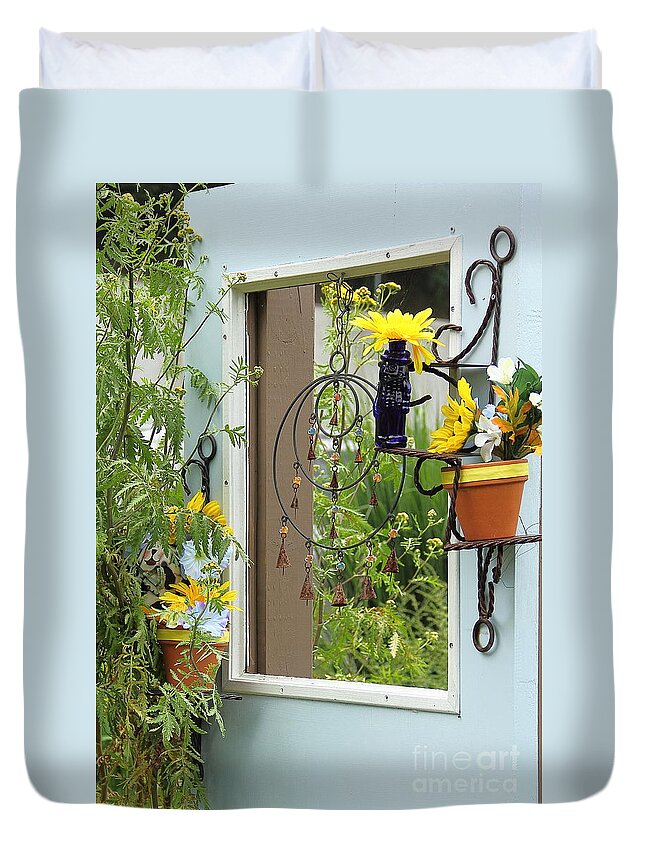 Door Duvet Cover featuring the photograph Light Blue Door Planter by Allen Nice-Webb