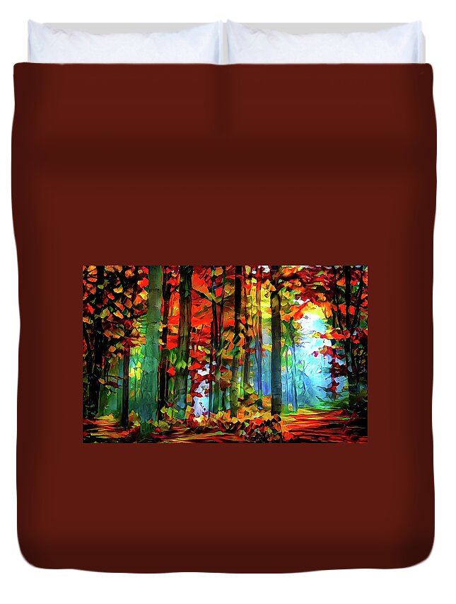  Light In The Woods Duvet Cover featuring the mixed media Light In The Woods 7 by Lilia S