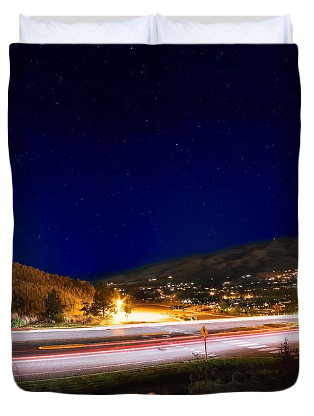 Reno Duvet Cover featuring the photograph Light It Up Tonight, Long Exposure of Somersett Traffic Light Trails and Stars on a Summer Night by Brian Ball