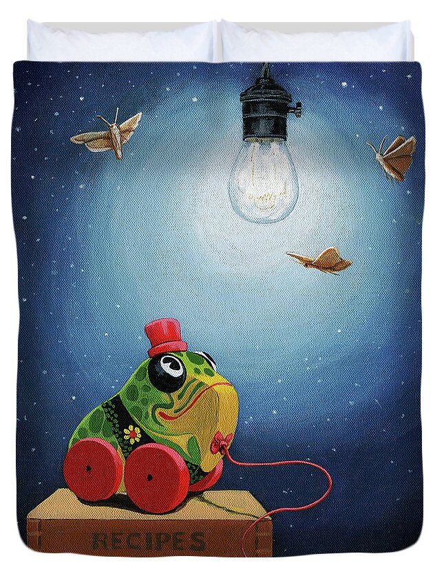  Frog Duvet Cover featuring the painting Light Snacks original whimsical still life by Linda Apple
