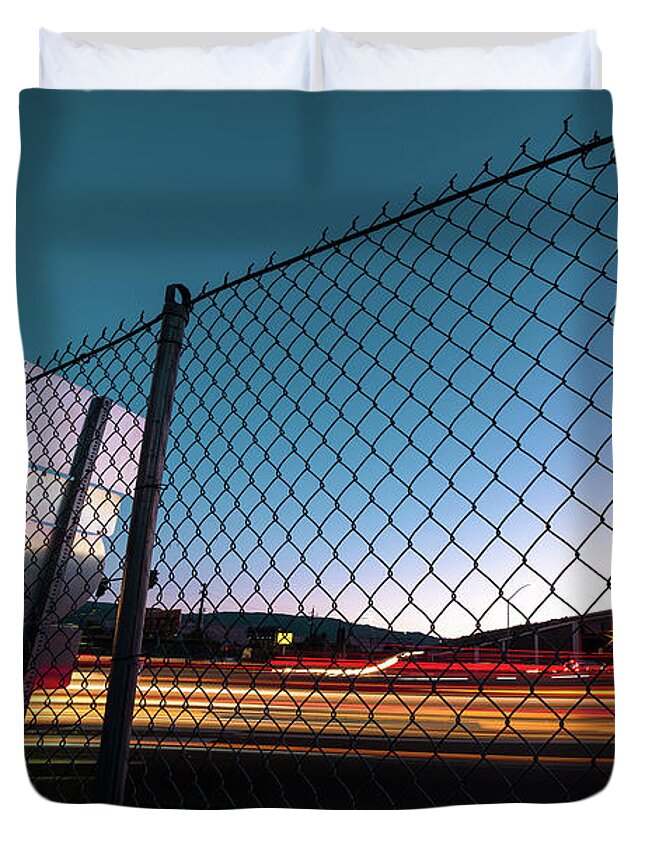  Duvet Cover featuring the photograph Light Trails on a Blue Summer Evening on Keystone Ave. Under the I-80 Bridge in West Reno, Nevada by Brian Ball