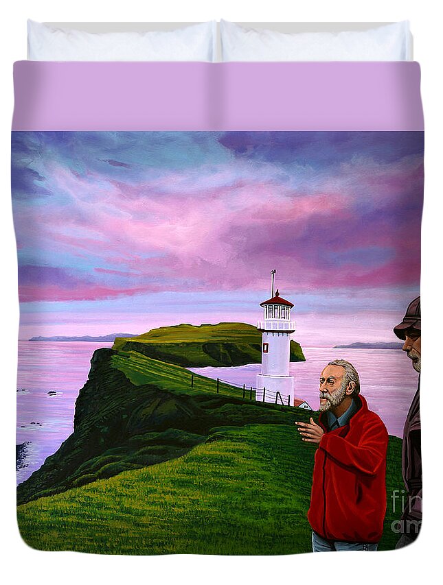 Denmark Duvet Cover featuring the painting Lighthouse at Mykines Faroe Islands by Paul Meijering