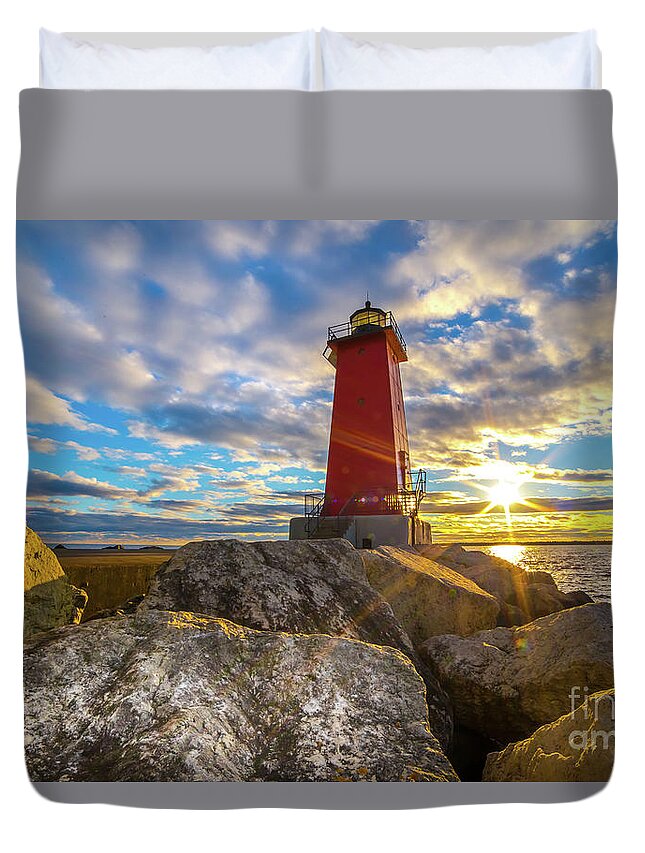 Lighthouse Duvet Cover featuring the photograph Manistique Michigan Lighthouse Sunset -5334 by Norris Seward