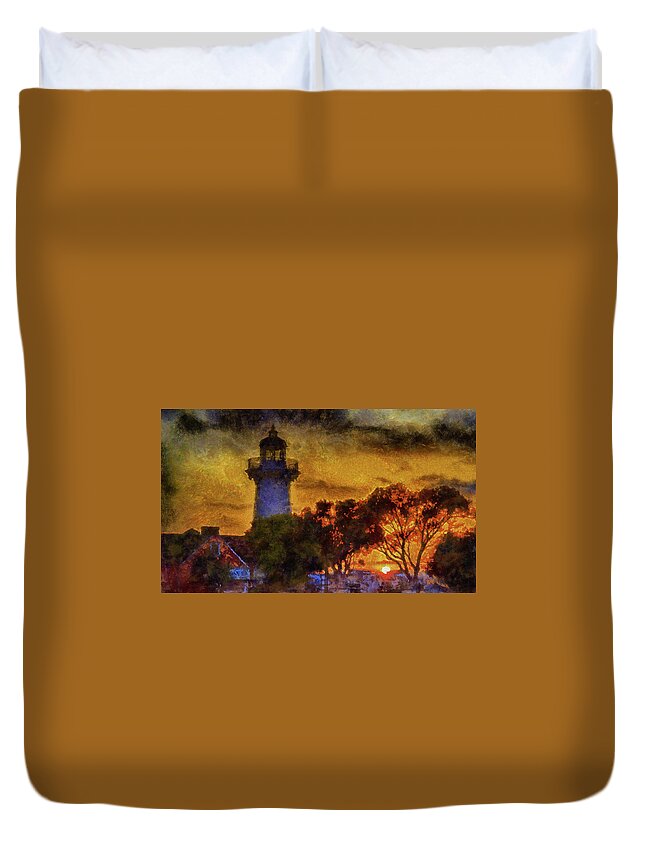 Lighthouse Duvet Cover featuring the mixed media Lighthouse Sunset by Joseph Hollingsworth