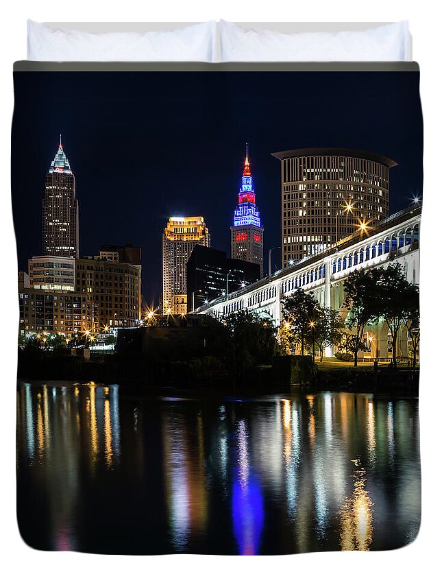 Lighting Up Cleveland Duvet Cover featuring the photograph Lighting Up Cleveland by Dale Kincaid