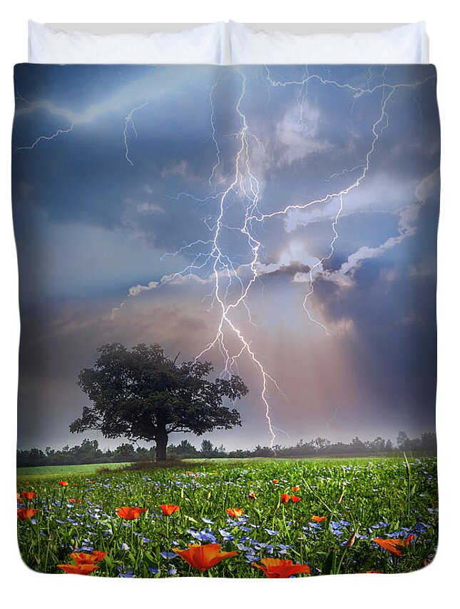 Barn Duvet Cover featuring the photograph Lightning at Sunset After the Rain by Debra and Dave Vanderlaan
