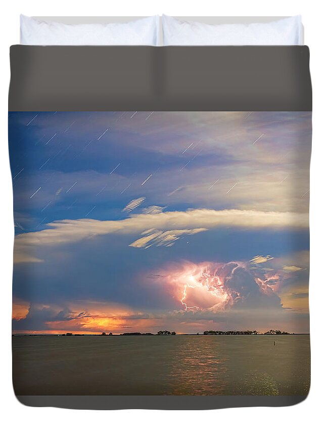 Storm Duvet Cover featuring the photograph Lightning at Sunset with Star Trails by James BO Insogna
