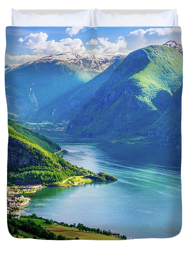 Aurland Duvet Cover featuring the photograph Lights and shadows of Sognefjord by Dmytro Korol