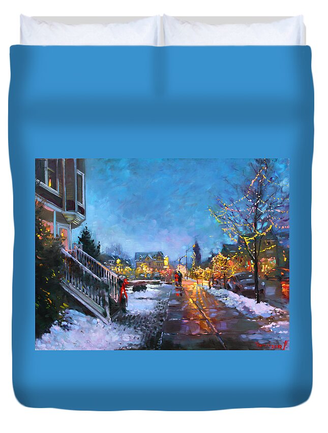 Christmas Lights Duvet Cover featuring the painting Lights on Elmwood Ave by Ylli Haruni