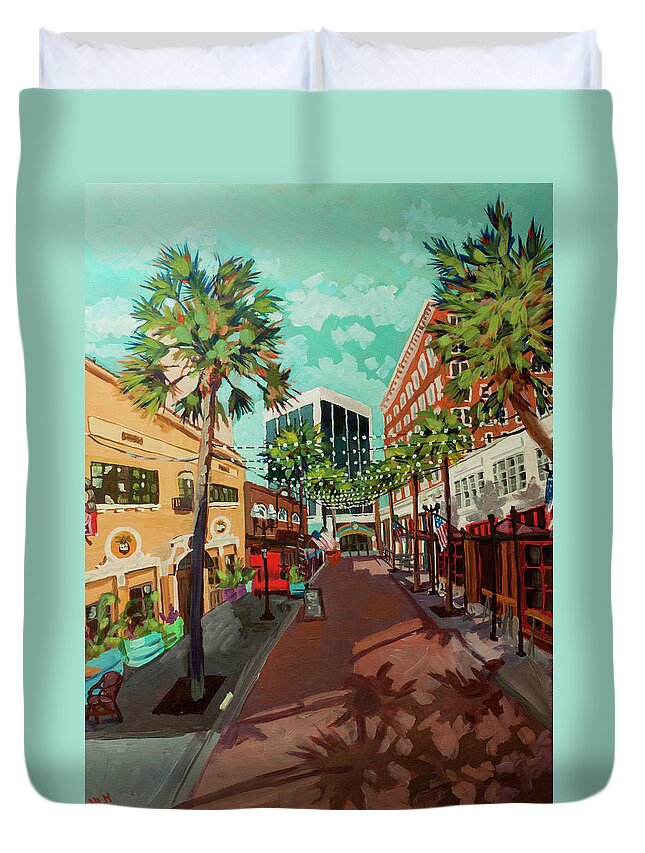 Orlando Duvet Cover featuring the painting Lights on Wall Street by Heather Nagy