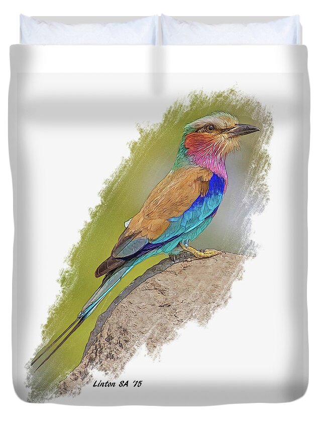 Roller Duvet Cover featuring the digital art Lilac-breasted Roller by Larry Linton