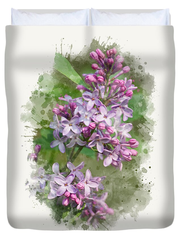 Lilacs Duvet Cover featuring the mixed media Lilac Watercolor Art by Christina Rollo