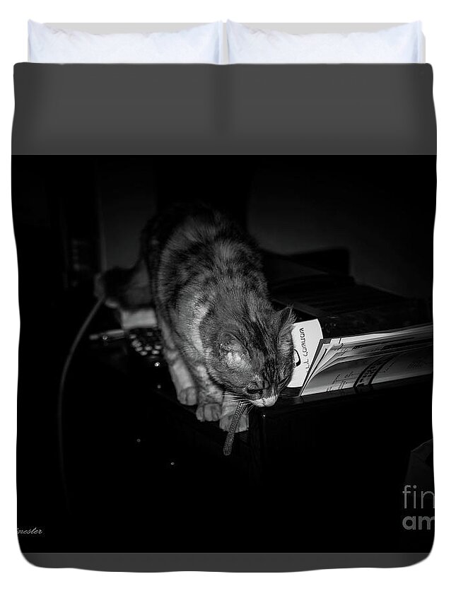 Black And White Duvet Cover featuring the photograph Lili at night activity by Arik Baltinester