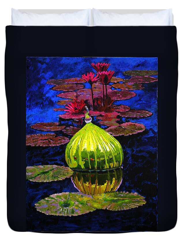 Blown Glass Duvet Cover featuring the painting Lilies and Glass Reflections by John Lautermilch