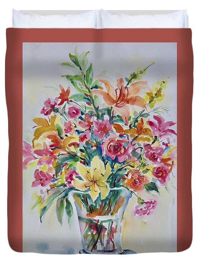 Flowers Duvet Cover featuring the painting Lilies and Roses by Ingrid Dohm