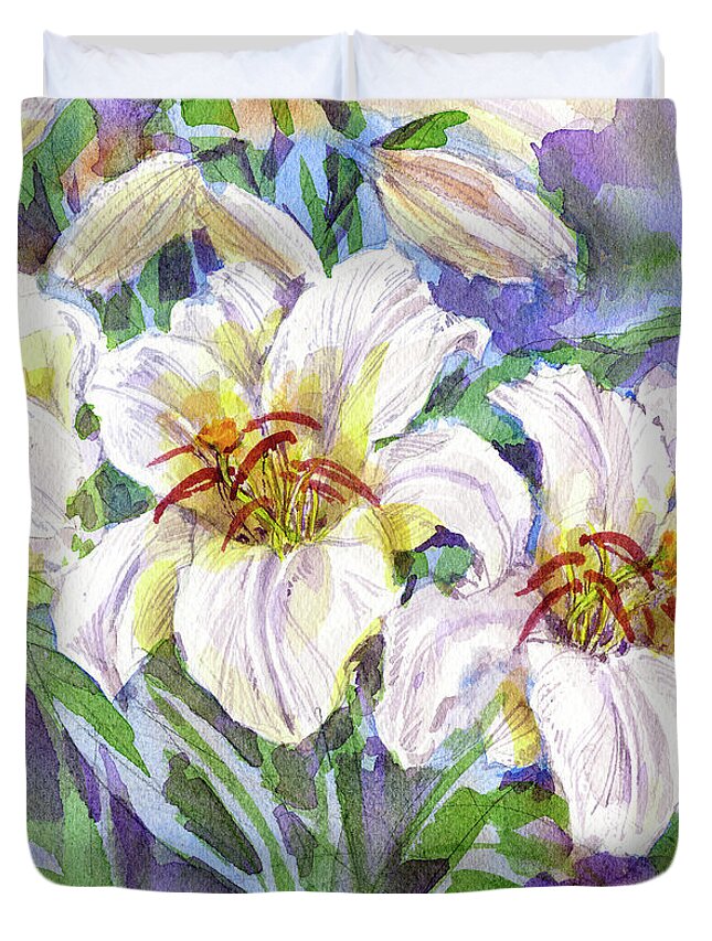 Lily Duvet Cover featuring the painting Lilies by Garden Gate