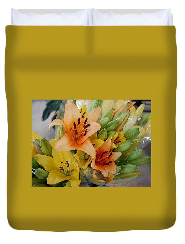  Duvet Cover featuring the painting Lillies - Peach and Yellow Colors by Michael Thomas