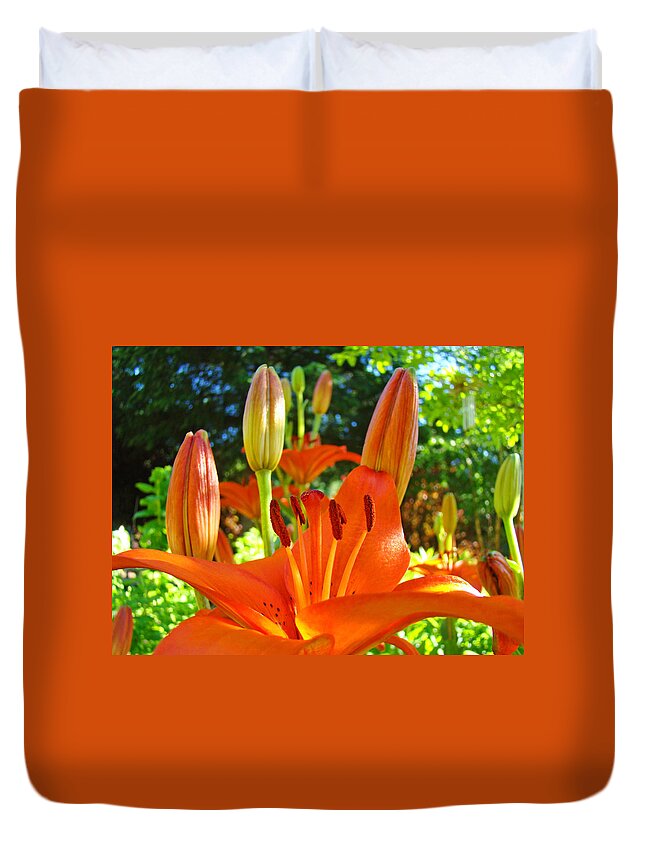 Lilies Duvet Cover featuring the photograph Lily Flowers Garden art prints Orange Lilies Floral Baslee Troutman by Patti Baslee