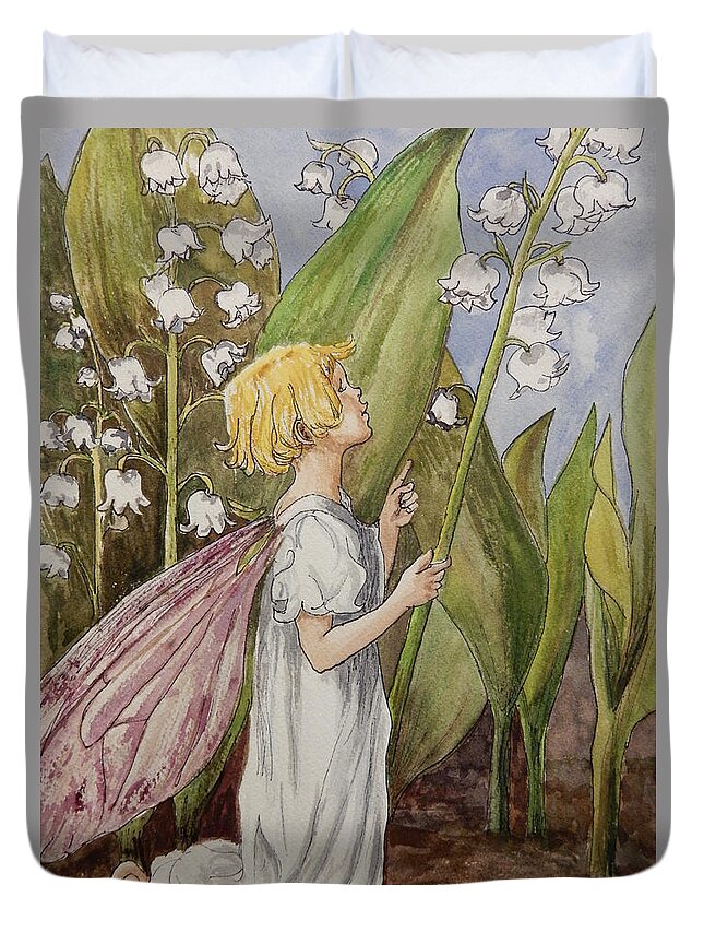 Lily Of The Valley Flowers Duvet Cover featuring the painting Lily of the Valley Fairy After Cicely Mary Barker by Betty-Anne McDonald